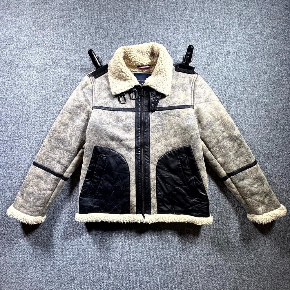 Tommy Hilfiger Faux Shearling Aviator Jacket Mens Medium Gray Black Lined Zip Up